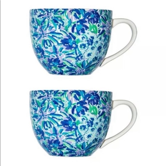 Lilly Pulitzer Blue Ceramic Mugs Coffee Cups Set Of 2 Gold Handles Floral Print - Picture 1 of 13